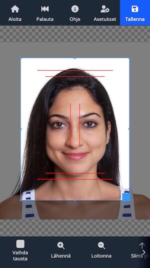 Passport Photo Lab mobiilieditorin käyttöliittymä