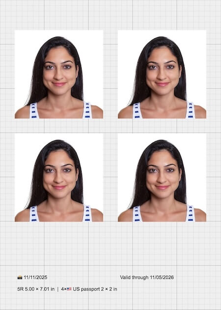 Print layout example: 5R (4x) for US passport photos