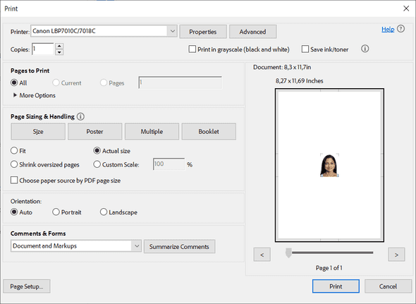 Windows 10 Adobe Acrobat Reader print dialog with “Actual size” option selected