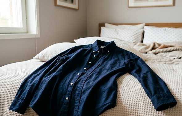 Dark navy collared shirt laid out on a bed