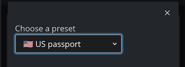 Passport Photo Lab screenshot of photo specification preset selection